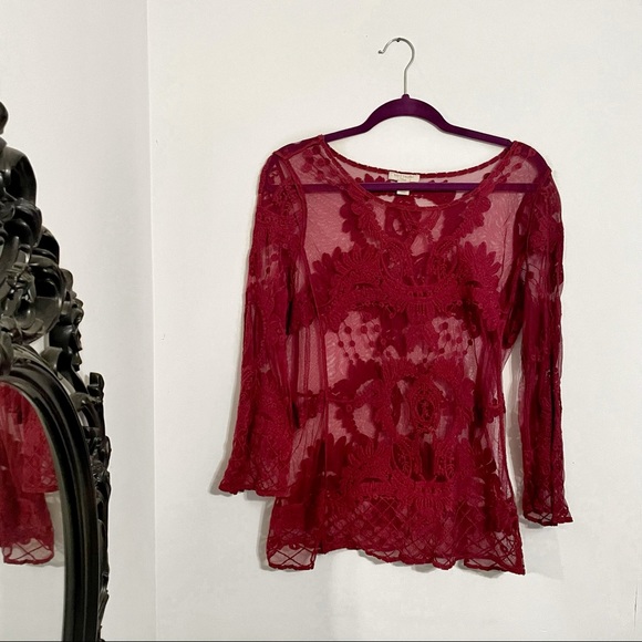 Saint Tropez West Tops - Sheer Burgundy Lace Long Sleeve Top